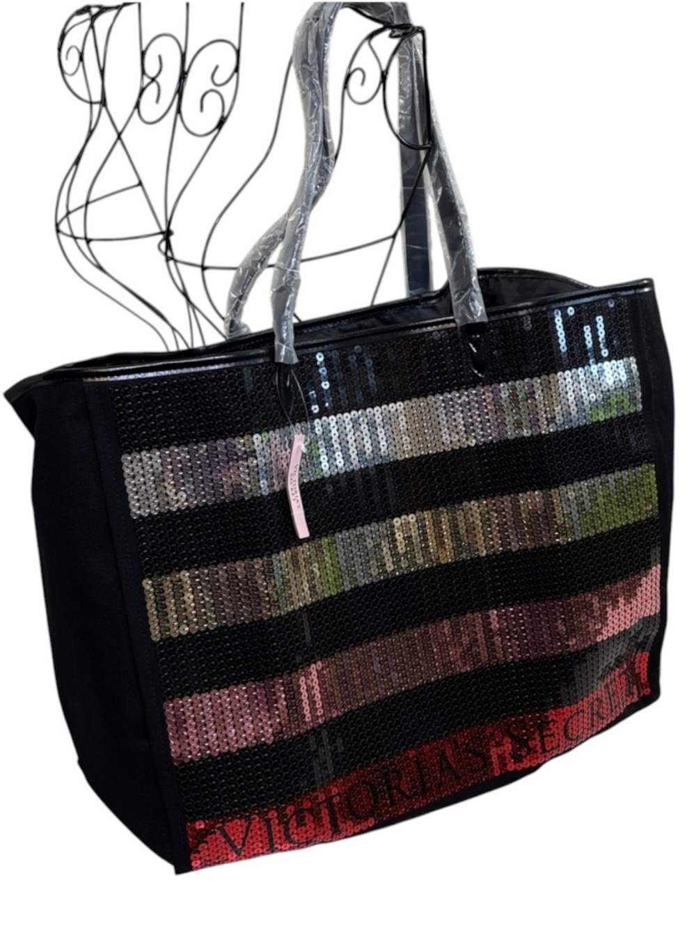NEW Victoria's Secret Black Sequin Striped Canvas Tote
